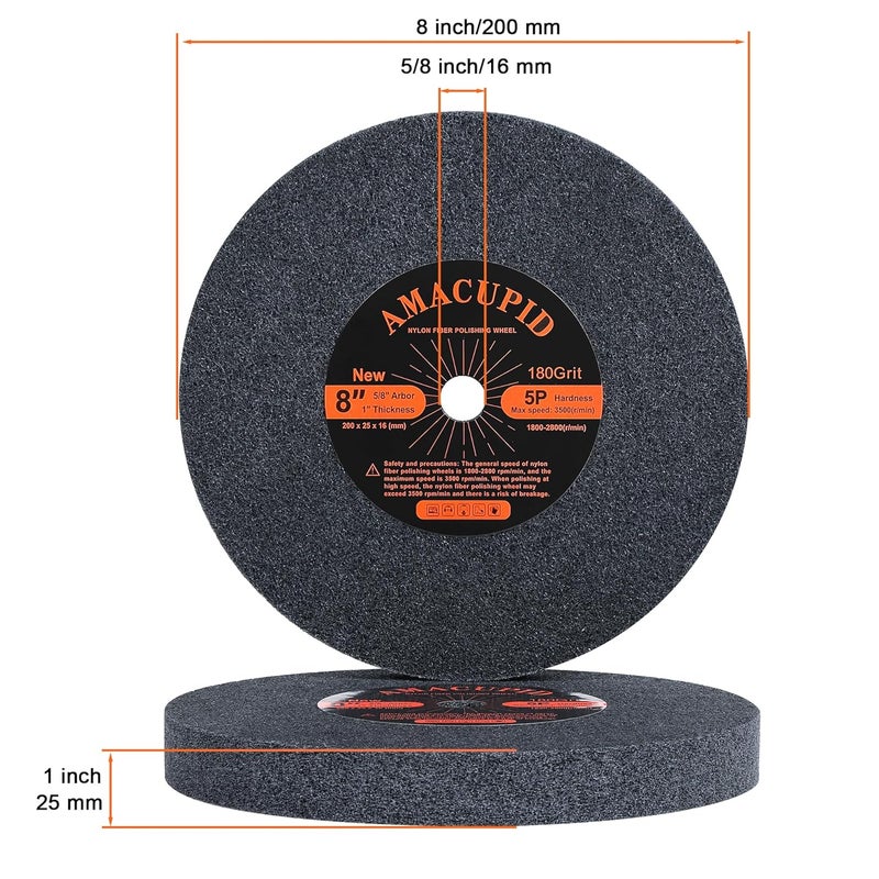 AmaCupid Brushed Nylon Fiber Buffing Wheels 8 Inch 5P Hardness. for Bench Grinder Polishing Machine. Polishing Soft Materials Such as Copper and Aluminum. 5/8 Inch Arbor, 1 inches Thickness, 180 Grit - Image 2
